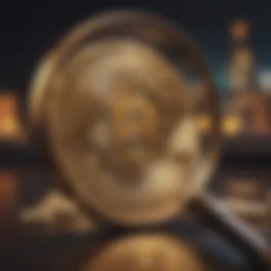 A magnifying glass focusing on a Bitcoin symbol