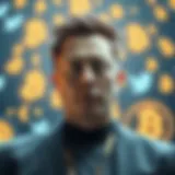 Elon Musk with a backdrop of digital currency symbols
