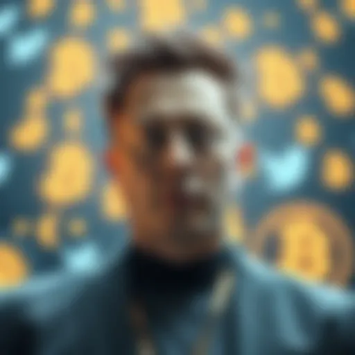 Elon Musk with a backdrop of digital currency symbols