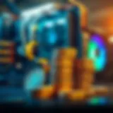 A digital representation of cryptocurrency coins stacked with a mining rig in the background