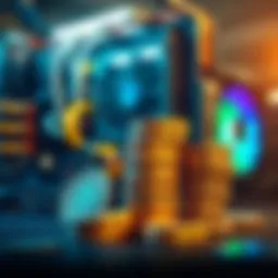 A digital representation of cryptocurrency coins stacked with a mining rig in the background